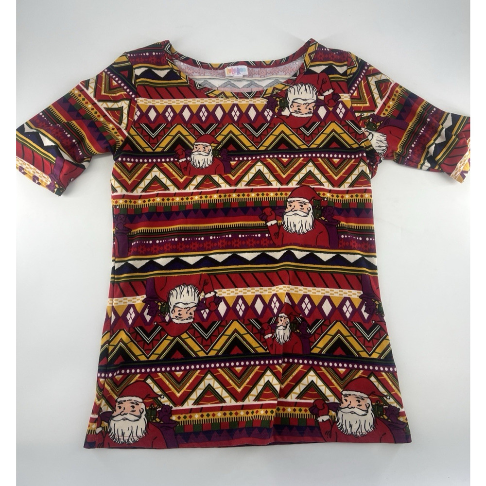 LuLaRoe Shirt Womens Medium Santa Top Short Sleeve Holiday Christmas Stretchy